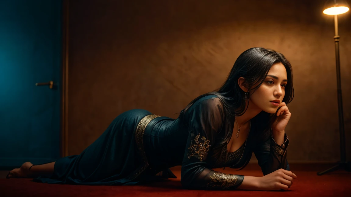 A woman lying on all fours, arched back, front view with wide spread legs, exquisite detailed face, beautiful long eyelashes, extremely detailed eyes and face, delicate skin texture, intricate clothing folds, dramatic lighting, cinematic composition, dark moody color palette, masterpiece, (best quality,4k,8k,highres,masterpiece:1.2),ultra-detailed,(realistic,photorealistic,photo-realistic:1.37),dramatic chiaroscuro lighting,cinematic composition,dark moody color palette