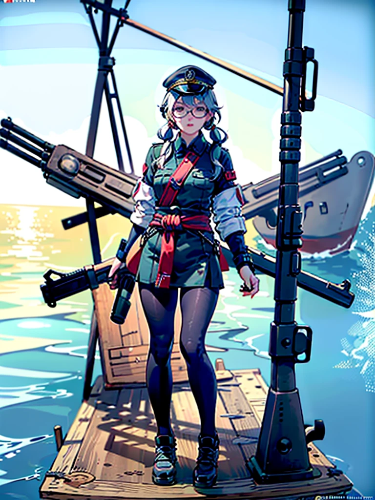 realistic detailed woman with white hair in twin pigtails, wearing white military jacket, miko costume, thick black tights, black glasses, white military cap, cloudy eyes, sleepy expression, floating on morning sea with legs spread wide, holding turret with right hand, mechanical arms extending from waist to equip ship, turret on back held by left arm, torpedo tubes strapped to thighs, machine wings and tail, shotgun, (best quality,4k,8k,highres,masterpiece:1.2),ultra-detailed,(realistic,photorealistic,photo-realistic:1.37),shipgirl,vivid colors,studio lighting,extremely detailed face and eyes,beautiful detailed lips,long eyelashes,professional,concept art