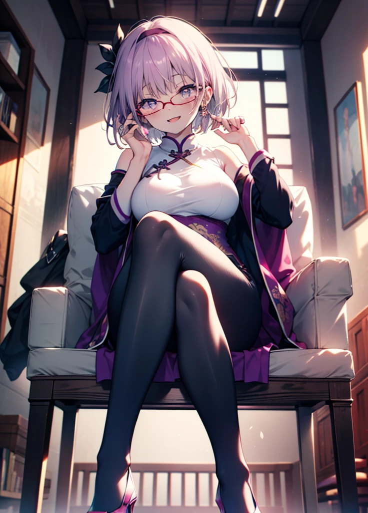 akaneshinjou, shinjou akane, Light purple hair, (Pink Eyes:1.2), happy smile, smile, Open your mouth,short hair,Red-rimmed glasses,hair band,Big Breasts,Sleeveless purple cheongsam,Long slit,Black pantyhose,Stiletto heels,sitting cross-legged on a chair,
break looking at viewer, whole body, 　　　　　　　　break indoors, room,　　　　　　　　　　 　　　break (masterpiece:1.2), Highest quality, High resolution, unity 8k wallpaper, (shape:0.8), (Beautiful and beautiful eyes:1.6), Highly detailed face, Perfect lighting, Extremely detailed CG, (Perfect hands, Perfect Anatomy),
