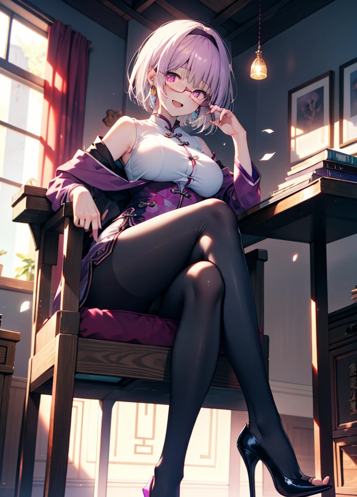 akaneshinjou, shinjou akane, Light purple hair, (Pink Eyes:1.2), happy smile, smile, Open your mouth,short hair,Red-rimmed glasses,hair band,Big Breasts,Sleeveless purple cheongsam,Long slit,Black pantyhose,Stiletto heels,sitting cross-legged on a chair,
break looking at viewer, whole body, 　　　　　　　　break indoors, room,　　　　　　　　　　 　　　break (masterpiece:1.2), Highest quality, High resolution, unity 8k wallpaper, (shape:0.8), (Beautiful and beautiful eyes:1.6), Highly detailed face, Perfect lighting, Extremely detailed CG, (Perfect hands, Perfect Anatomy),