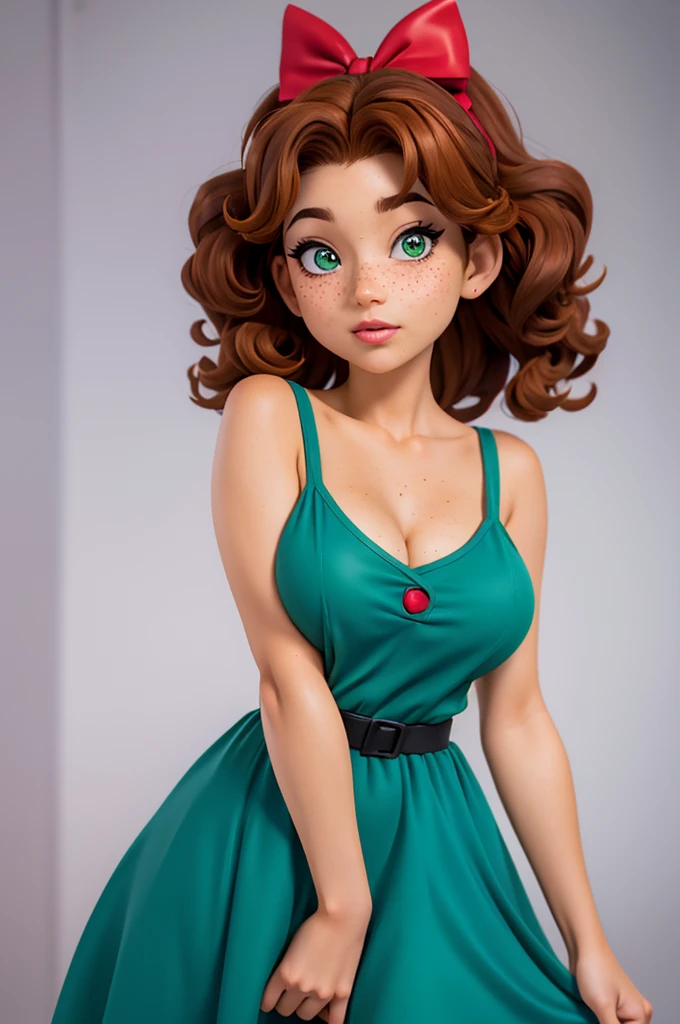 generates the sexy image of the character "MISS APPLEBERRY" from the YouTube channel "cocomelon", which is a teacher, young woman with short, curly brown hair, dark skin, green eyes and freckles. She usually wears a blue dress with white polka dots and a red bow in her hair.