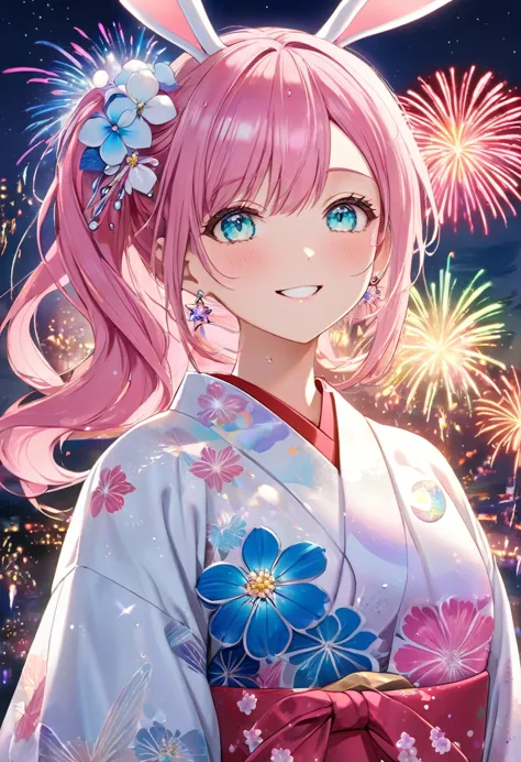 "a woman in a beautiful white yukata with hydrangea patterns. the obi of the yukata is pink and adorned with shining pearl acces...