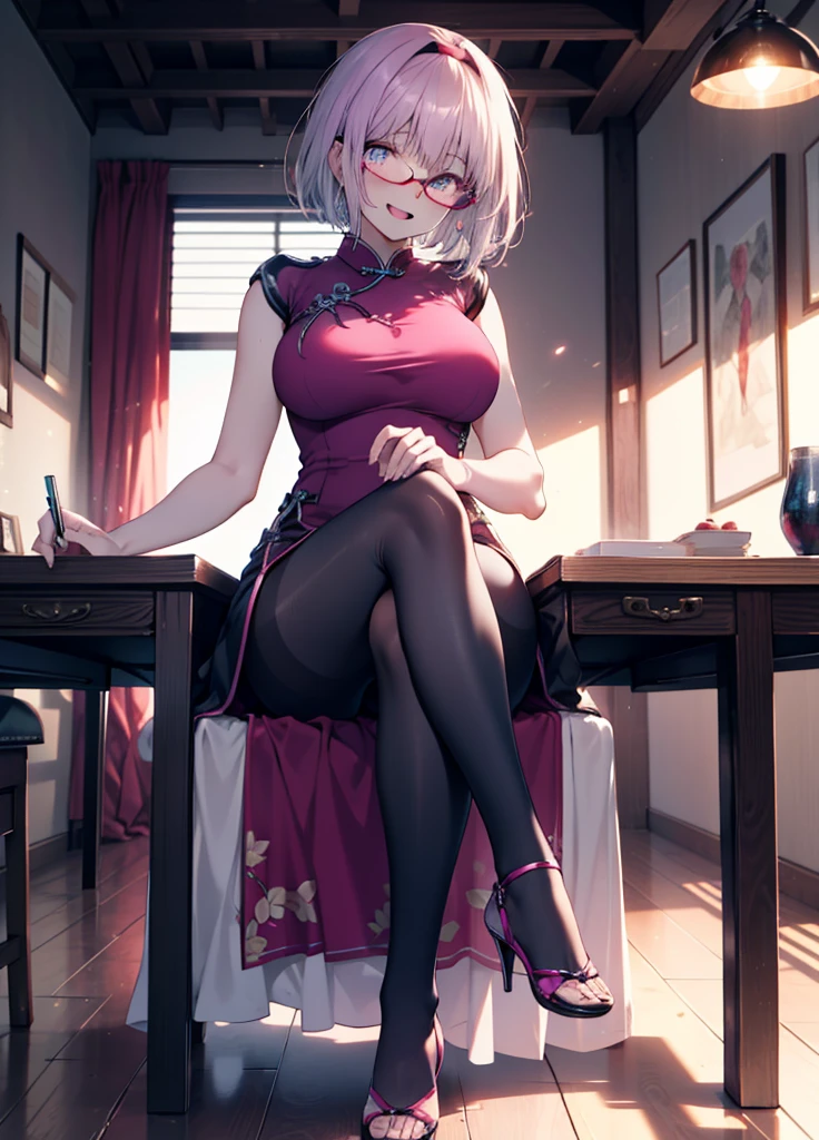 akaneshinjou, Shinjou Akane, cheveux violet clair, (Yeux roses:1.2), happy sourire, sourire, Ouvrez la bouche,Cheveux courts,Lunettes à monture rouge,bandeau pour cheveux,Gros seins,Cheongsam violet sans manches,longue fente,collants noirs,Talons aiguilles,Assis en tailleur sur une chaise,
casser looking at viewer, tout le corps, 　　　　　　　　casser indoors, CHAMBRE,　　　　　　　　　　 　　　casser (chef-d&#39;œuvre:1.2), la plus haute qualité, haute résolution, unité 8k fond d&#39;écran, (forme:0.8), (De beaux et beaux yeux:1.6), Visage très détaillé, éclairage parfait, CG extrêmement détaillé, (des mains parfaites, Anatomie parfaite),