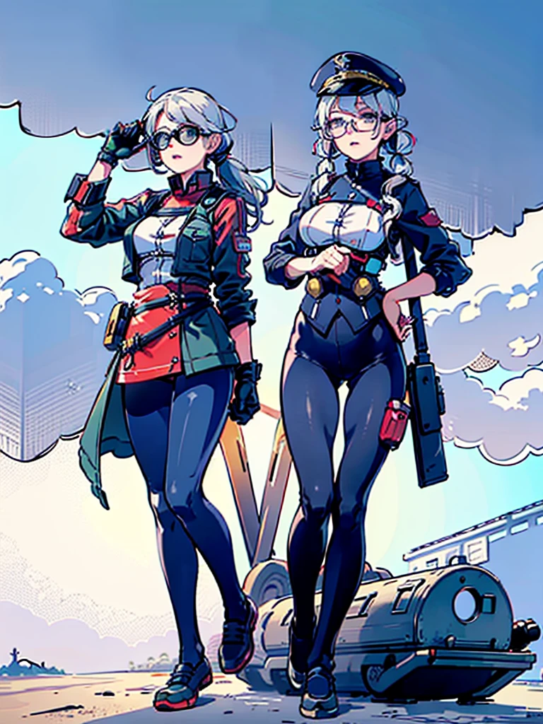 realistic detailed woman with white hair in twin pigtails, wearing white military jacket, miko costume, thick black tights, black glasses, white military cap, cloudy eyes, sleepy expression, floating on morning sea with legs spread wide, holding turret with right hand, mechanical arms extending from waist to equip ship, turret on back held by left arm, torpedo tubes strapped to thighs, machine wings and tail, shotgun, (best quality,4k,8k,highres,masterpiece:1.2),ultra-detailed,(realistic,photorealistic,photo-realistic:1.37),shipgirl,vivid colors,studio lighting,extremely detailed face and eyes,beautiful detailed lips,long eyelashes,professional,concept art