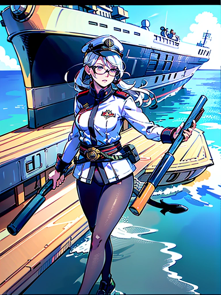 realistic detailed woman with white hair in twin pigtails, wearing white military jacket, miko costume, thick black tights, black glasses, white military cap, cloudy eyes, sleepy expression, floating on morning sea with legs spread wide, holding turret with right hand, mechanical arms extending from waist to equip ship, turret on back held by left arm, torpedo tubes strapped to thighs, machine wings and tail, shotgun, (best quality,4k,8k,highres,masterpiece:1.2),ultra-detailed,(realistic,photorealistic,photo-realistic:1.37),shipgirl,vivid colors,studio lighting,extremely detailed face and eyes,beautiful detailed lips,long eyelashes,professional,concept art