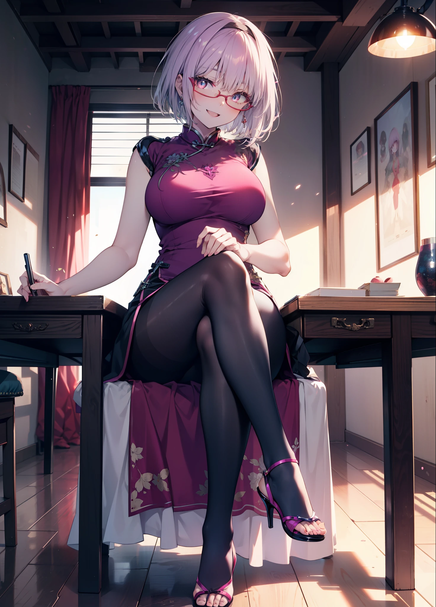 akaneshinjou, shinjou akane, Light purple hair, (Pink Eyes:1.2), happy smile, smile, Open your mouth,short hair,Red-rimmed glasses,hair band,Big Breasts,Sleeveless purple cheongsam,Long slit,Black pantyhose,Stiletto heels,sitting cross-legged on a chair,
break looking at viewer, whole body, 　　　　　　　　break indoors, room,　　　　　　　　　　 　　　break (masterpiece:1.2), Highest quality, High resolution, unity 8k wallpaper, (shape:0.8), (Beautiful and beautiful eyes:1.6), Highly detailed face, Perfect lighting, Extremely detailed CG, (Perfect hands, Perfect Anatomy),