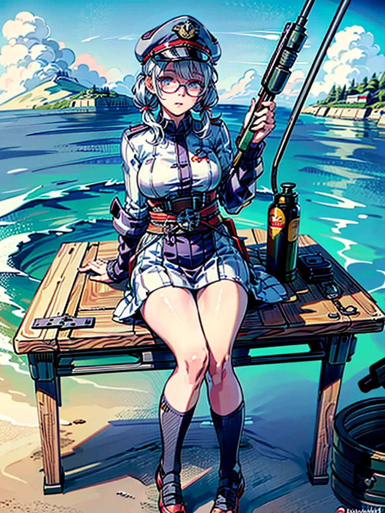 realistic detailed woman with white hair in twin pigtails, wearing white military jacket, miko costume, thick black tights, black glasses, white military cap, cloudy eyes, sleepy expression, floating on morning sea with legs spread wide, holding turret with right hand, mechanical arms extending from waist to equip ship, turret on back held by left arm, torpedo tubes strapped to thighs, machine wings and tail, shotgun, (best quality,4k,8k,highres,masterpiece:1.2),ultra-detailed,(realistic,photorealistic,photo-realistic:1.37),shipgirl,vivid colors,studio lighting,extremely detailed face and eyes,beautiful detailed lips,long eyelashes,professional,concept art