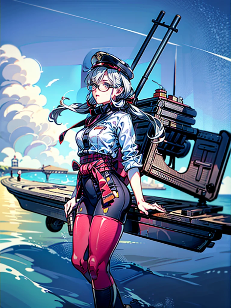 realistic detailed woman with white hair in twin pigtails, wearing white military jacket, miko costume, thick black tights, black glasses, white military cap, cloudy eyes, sleepy expression, floating on morning sea with legs spread wide, holding turret with right hand, mechanical arms extending from waist to equip ship, turret on back held by left arm, torpedo tubes strapped to thighs, machine wings and tail, shotgun, (best quality,4k,8k,highres,masterpiece:1.2),ultra-detailed,(realistic,photorealistic,photo-realistic:1.37),shipgirl,vivid colors,studio lighting,extremely detailed face and eyes,beautiful detailed lips,long eyelashes,professional,concept art