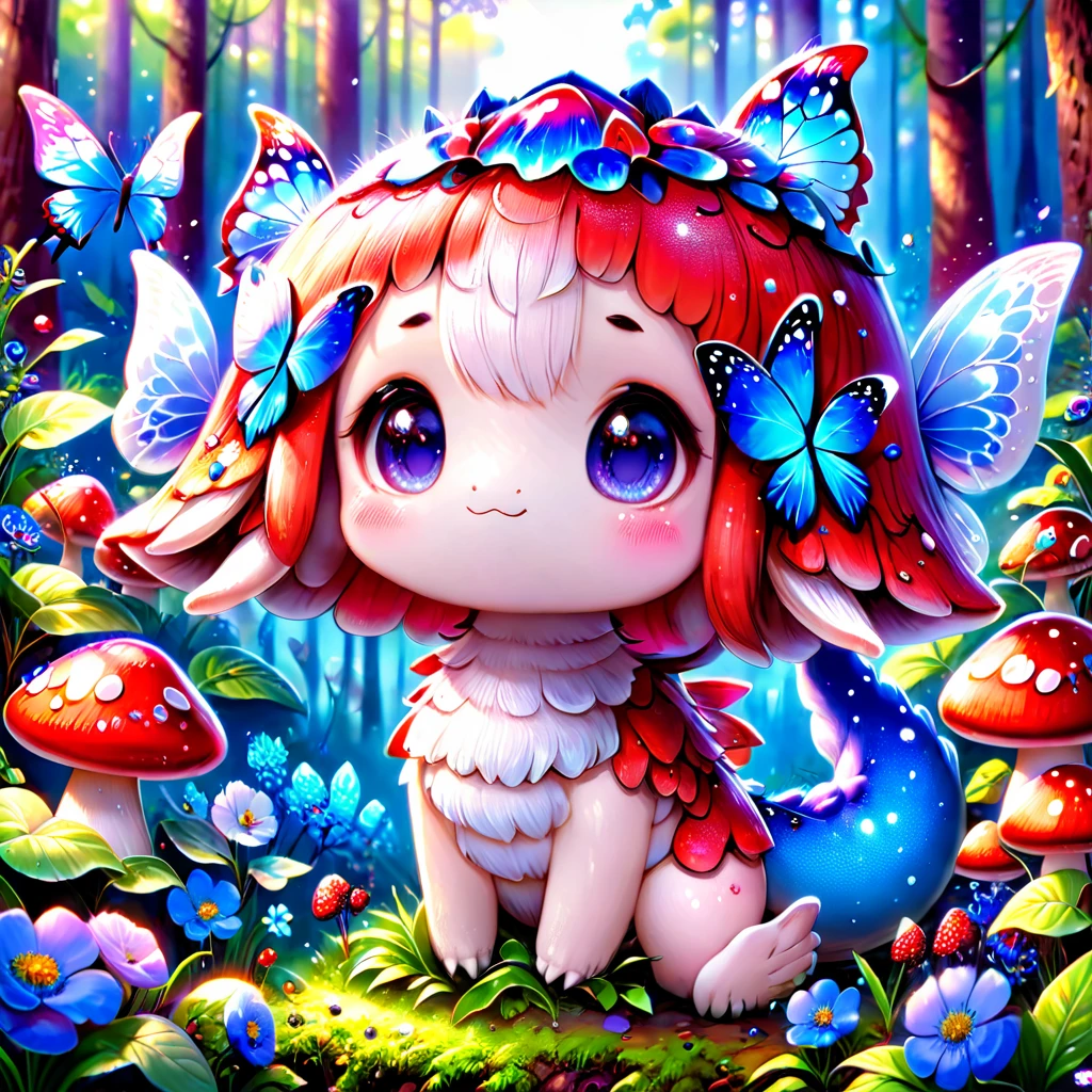 absurdres, highres, ultra detailed, HDR, master piece, best quality, extremely detailed, cute red mushroom with face, cute, small, solo, magical, fantasy, magic, blue forest, glittering, blue butterflies, blue petals, blue flowers