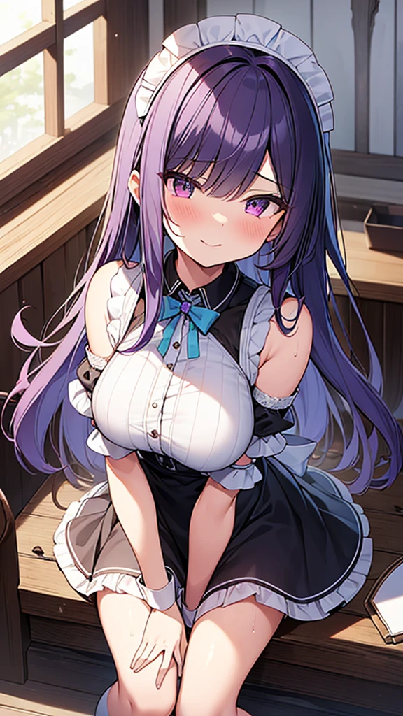 最high quality, high quality, Super detailed, 32k, Ultra-detailed details, (only, pretty girl, beautiful purple hair, Beautiful purple eyes, Big Breasts, A light smile, Red eyes, Off-the-shoulder sleeveless Summer clothes, Summer casual maid clothes, Short skirt, Blue and white color striped underwear, Black knee socks, My crotch is wet with love juice, 1,cute), {{A succubus strips off the face and clothes of a murdered maid and engages in intense vaginal sex with her master, bouncing her breasts.}}, She has transformed from a shy maid into a lewd one., The master is being aggressively fucked by his favorite girl and is thrusting his penis into the maid&#39;s vagina, ((She straddles a sleeping man and has intense vaginal sex:1.5)), Cowgirl Sex,  NSFW