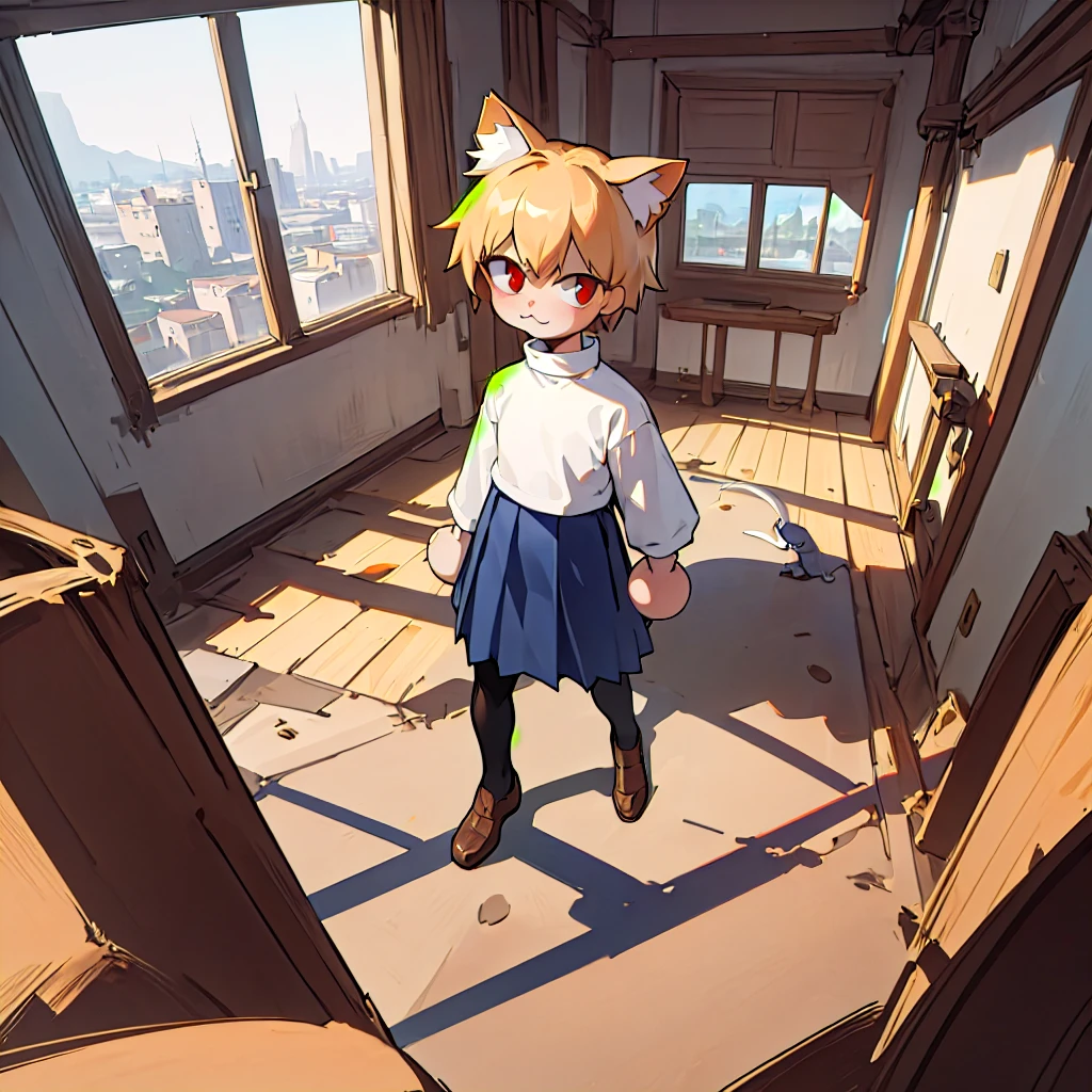 (masterpiece, best quality:1.2),  necoarc, slit pupils, cat ears, blonde hair, red eyes, chibi, 1boy, solo, white turtleneck, blue skirt, pleated skirt, brown footwear, pantyhose, near a window, inside a room, highlight thighs, :3, landscape