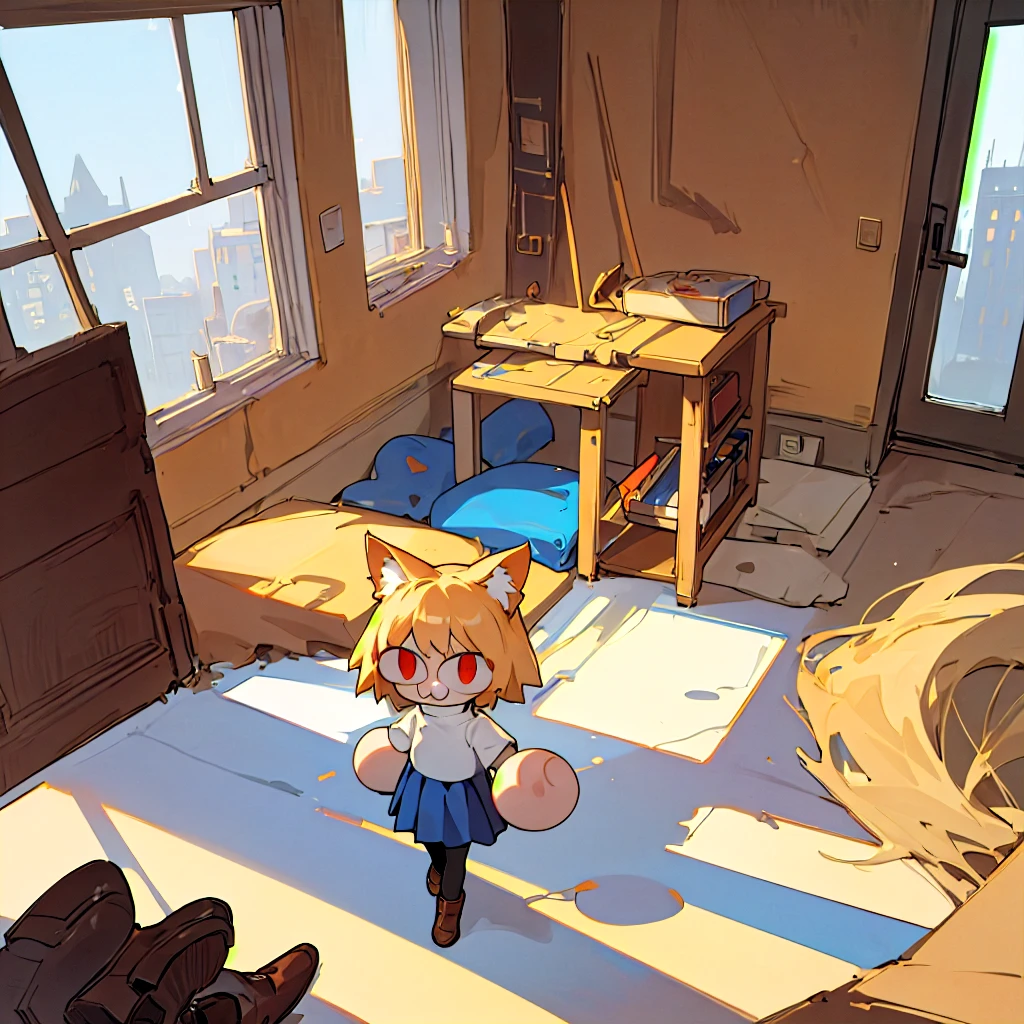 (masterpiece, best quality:1.2),  necoarc, slit pupils, cat ears, blonde hair, red eyes, chibi, 1boy, solo, white turtleneck, blue skirt, pleated skirt, brown footwear, pantyhose, near a window, inside a room, highlight thighs, :3, landscape