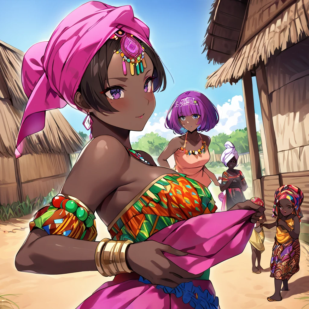 ((Highest quality)), ((masterpiece)), (detailed), （Perfect Face）、The woman is Momo Belia Deviluke, a Ghanaian by birth, with a vibrant dark skin, black by birth, and is wearing a vibrant Ghanaian dress, a vibrant turban head scarf, gorgeous jeweled accessories, and an engagement ring.、The woman was the elegant Momo Belia Deviluke, with pink afro short bob hair tied up in Ghana braids, wearing a colorful Ghanaian dress and a colorful turban head scarf, with vibrant dark brown skin, a natural-born black and Ghanaian, Momo Belia Deviluke.、（The woman is a black Ghanaian with vivid dark brown skin.）、The woman is raising children and doing village work with other village girls in her village in Ghana.