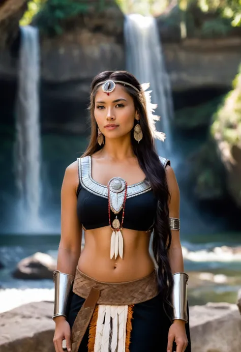 Araffe woman in native costume walking in front of a waterfall, Pocahontas, smile, retrato de un joven Pocahontas, retrato de Po...