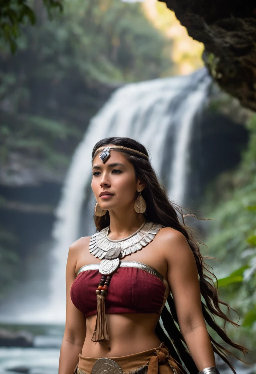 Araffe woman in native costume walking in front of a waterfall, Pocahontas, smile, retrato de un joven Pocahontas, retrato de Pocahontas, warrior dress, Warrior woman, Warrior Princess, amazon warrior, cave woman, dwayne johnson as wonder woman, Aztec warrior goddess, una hermosa Warrior woman, native american, tribal clothing, aztec princess portrait
