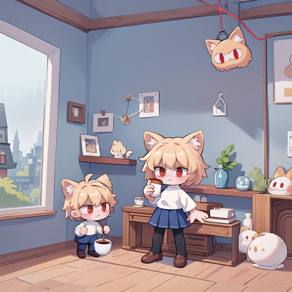 (masterpiece, best quality:1.2),  necoarc, slit pupils, cat ears, blonde hair, red eyes, chibi, 1boy, solo, white turtleneck, blue skirt, pleated skirt, brown footwear, pantyhose, near a window, inside a room, highlight thighs, landscape, drinking coffee 