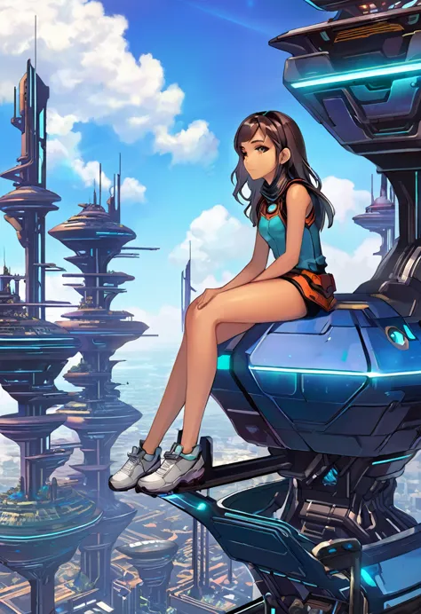 A girl sits on top of a complex machinery structure in a futuristic city
