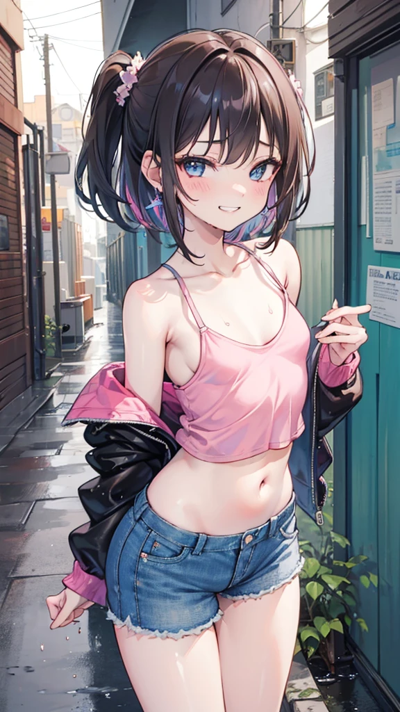 (8K、Highest image quality、best quality、masterpiece)、Detailed face、((two :2))、brown hair、short hair、brown eyes、smile、((Grinning))、earrings、((small breasts))、((pink camisole))、((Denim shorts))、Cowboy shooting、black hair、Double tail、light blue eyes、smile、((Grinning))、earrings、((small breasts))、((White camisole))、((Denim shorts))、Cowboy shooting((back alley background))、((National Science Foundation))fluid in ass、Fluid on the thighs、flowing liquid(Attractive ass:1.2),、exposed、disheveled、Clothing that fits snugly，Exposed chest、(((Wet clothing))),tube top，(((ultra-thin clothing))),(Body model),((body outline)),(Stride),grinning, blush,Hyperactive expression，Rubbing hands on crotch，raised vulva contour，saliva，