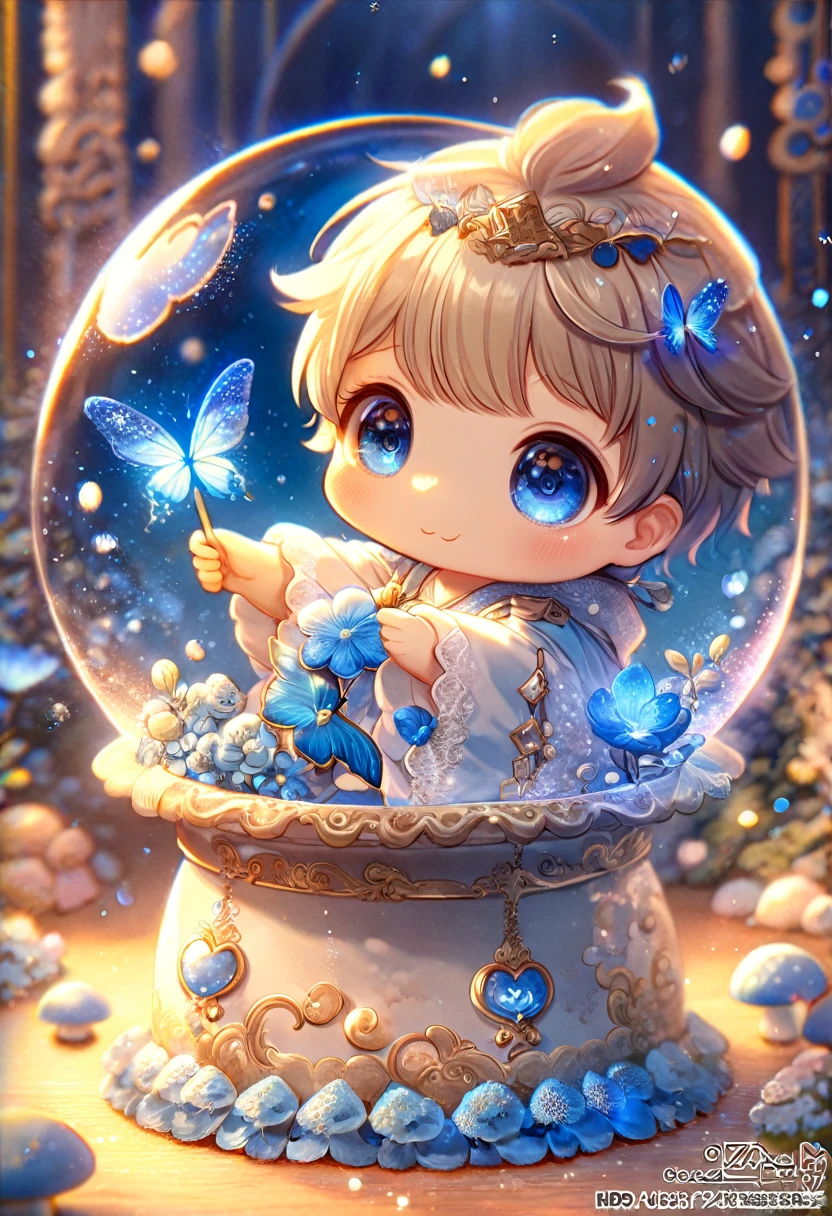absurdres, highres, ultra detailed, HDR, master piece, best quality, extremely detailed, cute blue mushroom with face, cute, small, solo, magical, fantasy, magic, blue forest, glittering, blue butterflies, blue petals, blue flowers