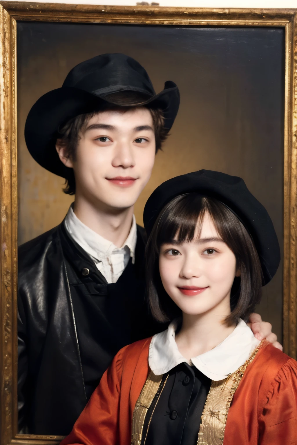 252 (An 18-year-old female and an 18-year-old male), (short hair),kind, lipstick, (Rembrandt-style painting), smile