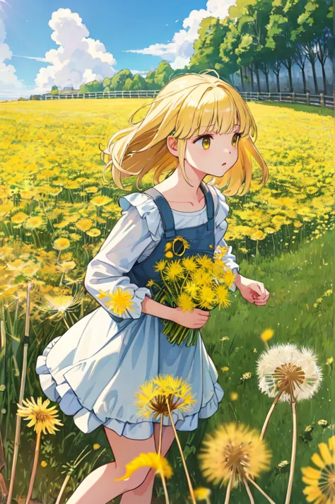 high resolution、There are some yellow dandelions on the roadside.、
Girl picking up dandelion fluff。Blow away the fluff、Flying in...