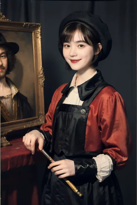 252 (An 18-year-old female and an 18-year-old male), (short hair),kind, lipstick, (Rembrandt-style painting), smile