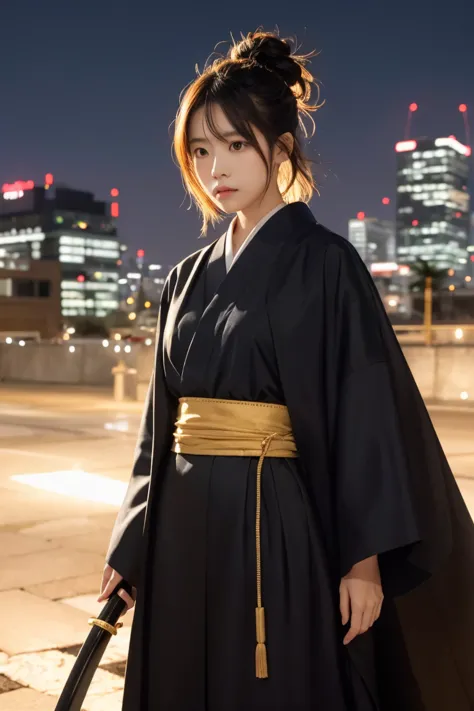 a japanese-style female character with short yellow hair, wearing a black outfit and a yellow japanese-style cloak, holding a ka...