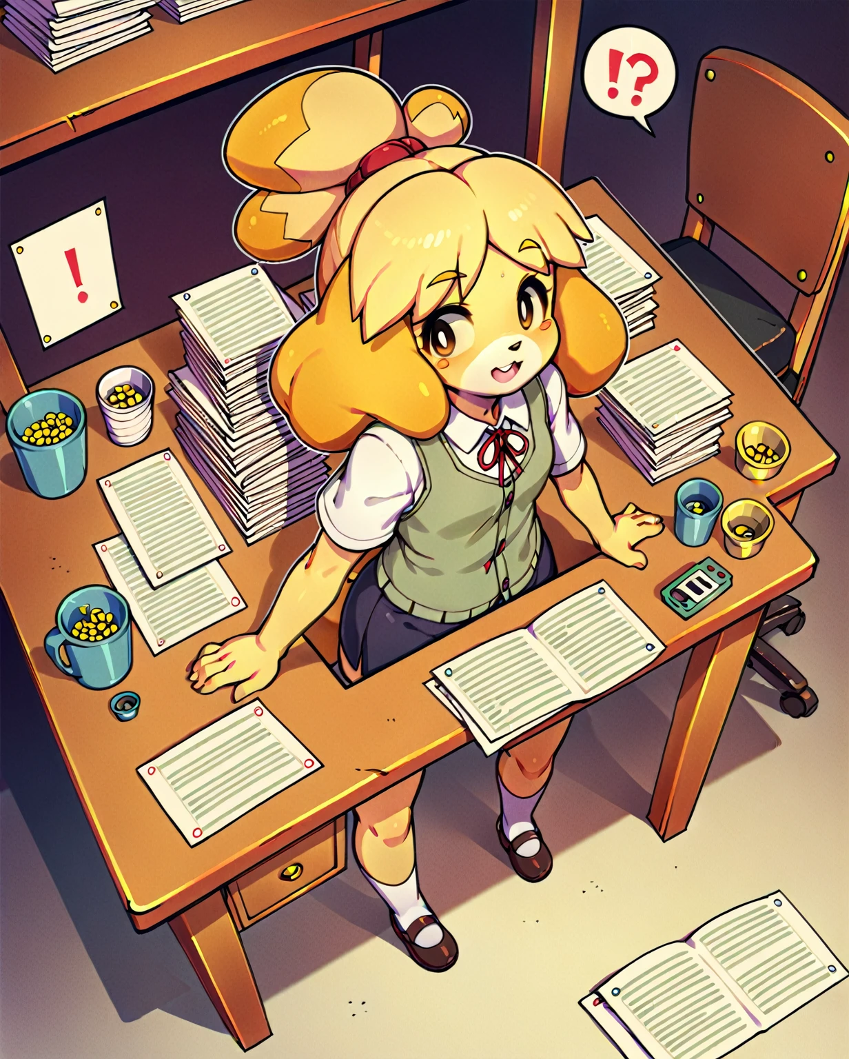 punctuation_8_High above, punctuation_7_High above, punctuation_6_High above, punctuation_5_High above, punctuation_4_High above, anime cloth capture, gazing at viewer,
1 girl, standing alone, Isabelle (Cross between animals), hair blonde, animal ears, furry
High aboveper body, 
DESK, tabletop
