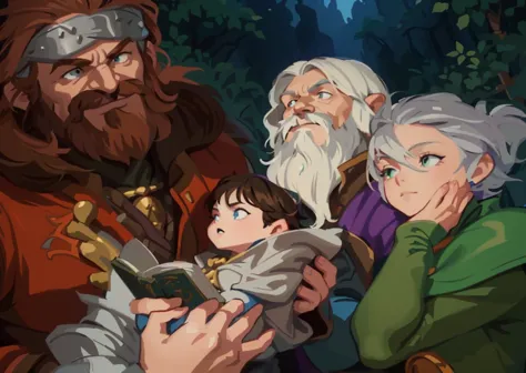 a close up of a cartoon of a man holding a baby, dungeons and dragons portrait, king's quest, rpg book portrait, epic rpg portra...