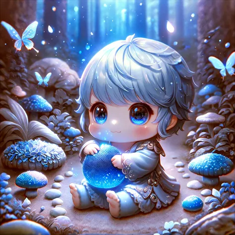 absurdres, highres, ultra detailed, HDR, master piece, best quality, extremely detailed, cute blue mushroom with face, cute, sma...