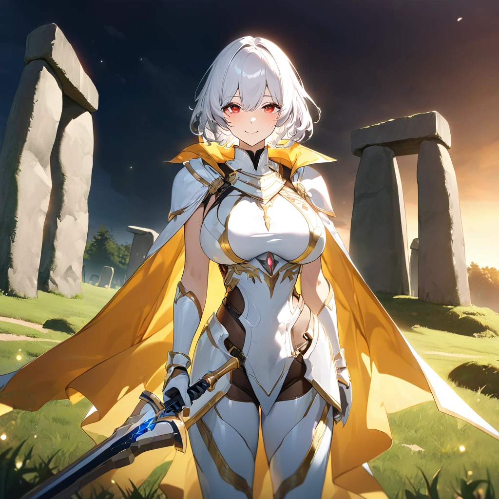 White heavy armor with gold details, white bracelet with leather details, white metal gloves, white boots with gold details, long golden yellow cape, holding a white sword with leather details and a red ribbon, white helm with exposed face, white hair, short hair, red eyes, smiling, big breasts, golden aura, standing in a grassy area with stonehenge daytime.,UHD , prime work , accurate , anatomically correct , textured skin , super details , high quality , best quality, 8k, high resolution, bokeh effect. (woman alone)

