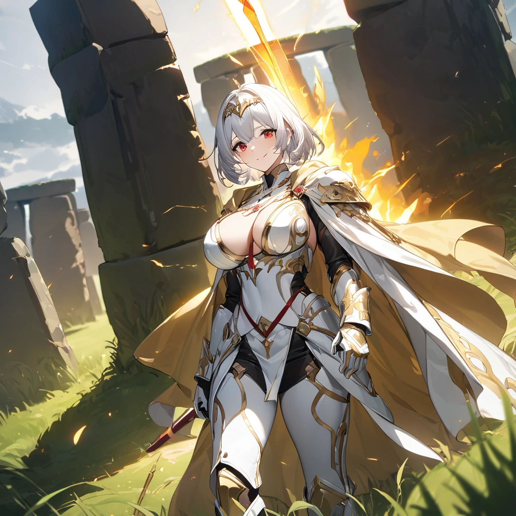 White heavy armor with gold details, white bracelet with leather details, white metal gloves, white boots with gold details, long golden yellow cape, holding a white sword with leather details and a red ribbon, white helm with exposed face, white hair, short hair, red eyes, smiling, big breasts, golden aura, standing in a grassy area with stonehenge daytime.,UHD , prime work , accurate , anatomically correct , textured skin , super details , high quality , best quality, 8k, high resolution, bokeh effect. (woman alone)

