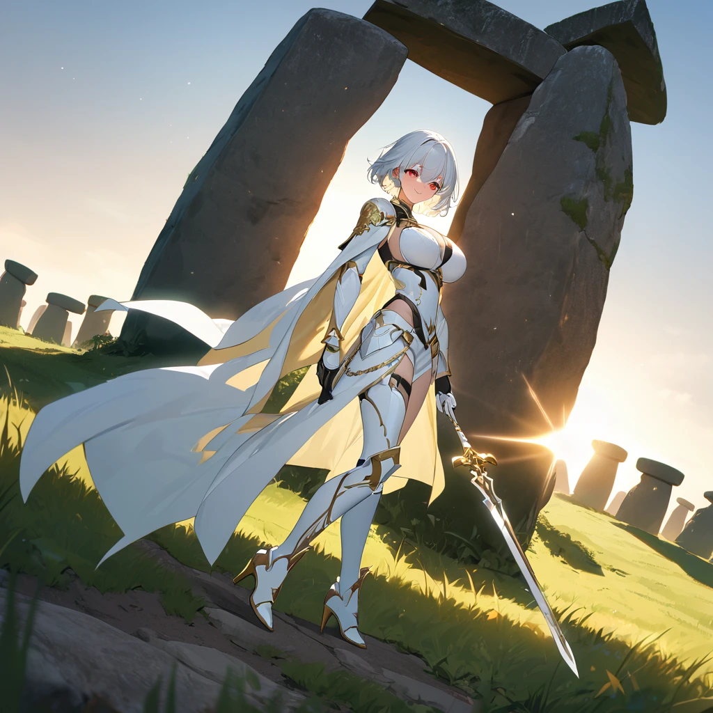 White heavy armor with gold details, white bracelet with leather details, white metal gloves, white boots with gold details, long golden yellow cape, holding a white sword with leather details and a red ribbon, white helm with exposed face, white hair, short hair, red eyes, smiling, big breasts, golden aura, standing in a grassy area with stonehenge daytime.,UHD , prime work , accurate , anatomically correct , textured skin , super details , high quality , best quality, 8k, high resolution, bokeh effect. (woman alone)

