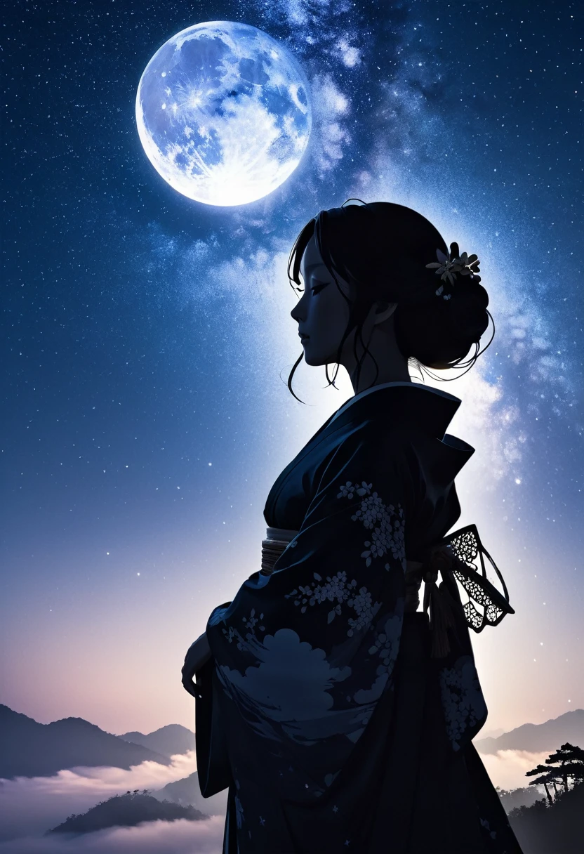 (((искусство силуэта))), Передана печаль Орихиме из-за того, что ее разделил Млечный Путь., когда она протягивает правую руку и сожалеет о расставании, крупный план, профиль, крупный план, руки протянуты, когда они прощаются,Одежда - кимоно.,двойная экспозиция, бамбуковое украшение, традиционный японский народный костюм с кружевом на рукавах., Луна, аригату, снизу, динамический угол, глядя,