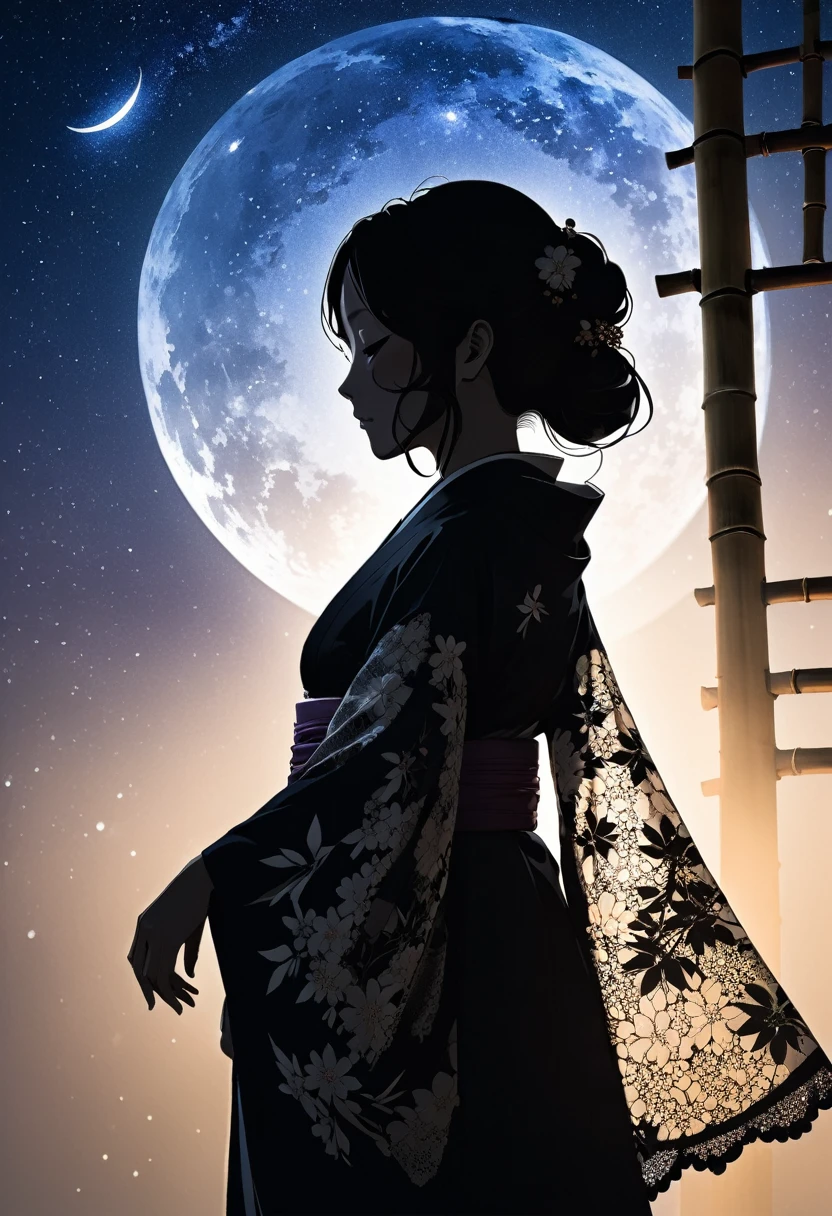 (((silhouette art))), Orihime's sadness at being separated by the Milky Way is conveyed, as she stretches out her right arm and regrets parting, close-up, profile, Close-up, arms outstretched as they bid farewell,The clothing is a kimono,Double exposure, bamboo decoration, a traditional Japanese folk costume with lace on the sleeves, moon, arigatou, from below, dynamic angle, looking away,