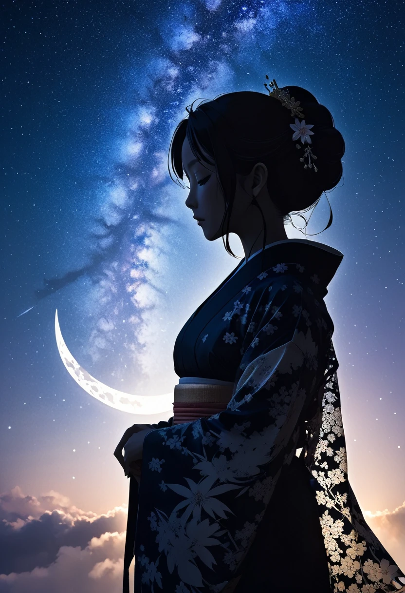 (((silhouette art))), Orihime's sadness at being separated by the Milky Way is conveyed, as she stretches out her right arm and regrets parting, close-up, profile, Close-up, arms outstretched as they bid farewell,The clothing is a kimono,Double exposure, bamboo decoration, a traditional Japanese folk costume with lace on the sleeves, moon, arigatou, from below, dynamic angle, looking away,