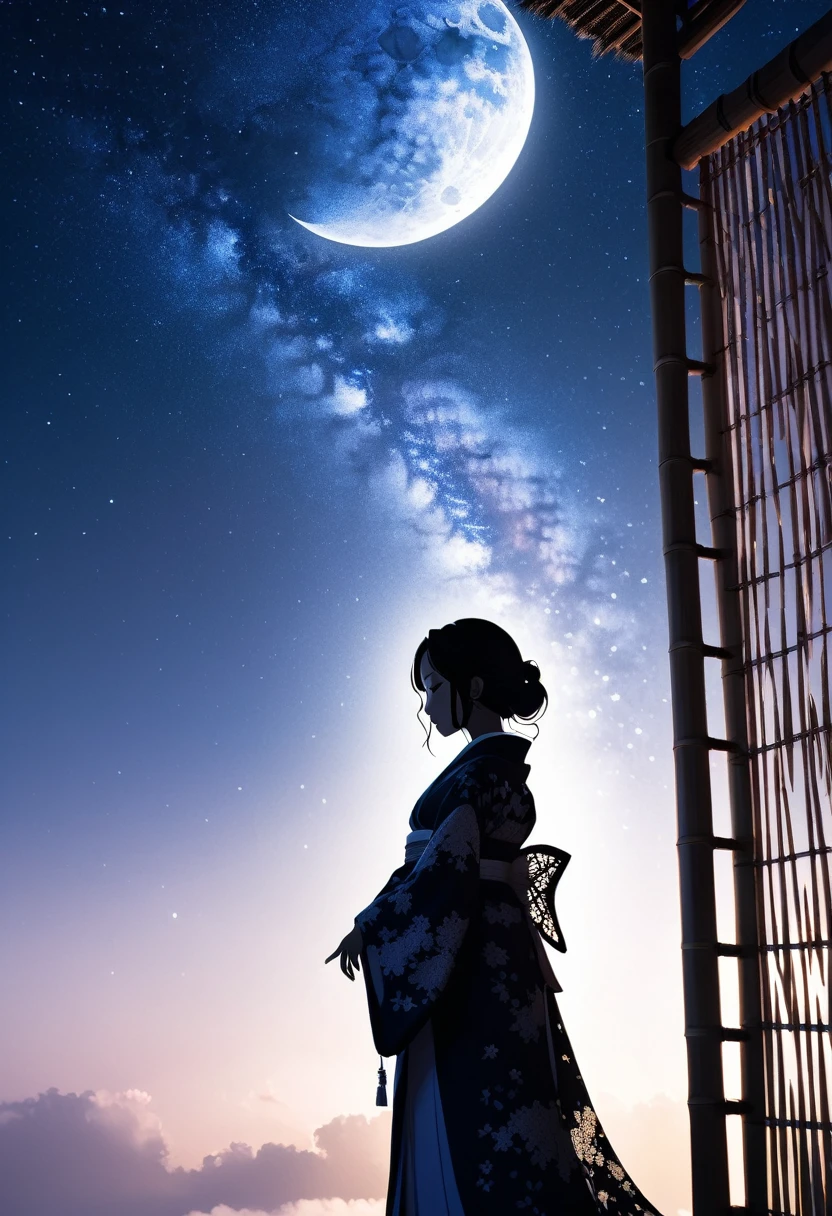 (((silhouette art))), Orihime's sadness at being separated by the Milky Way is conveyed, as she stretches out her right arm and regrets parting, close-up, profile, Close-up, arms outstretched as they bid farewell,The clothing is a kimono,Double exposure, bamboo decoration, a traditional Japanese folk costume with lace on the sleeves, moon, arigatou, from below, dynamic angle, looking away,