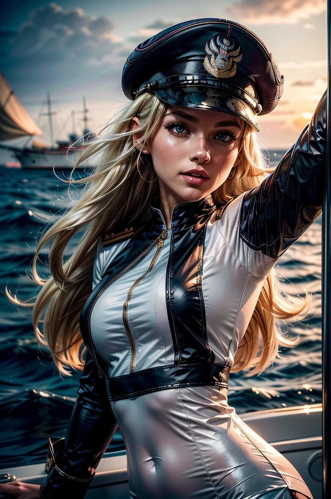 A confident blonde woman wearing a white naval officer's uniform and a matching cap. White outfit. She is leaning forward with an outstretched arm. She is leaning forward with an outstretched arm, in a ship's deck. Ocean background. Round breast. Blush, Black eyeliner