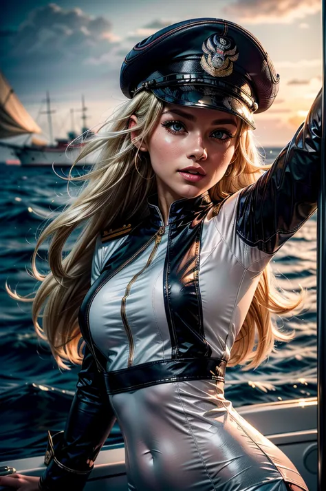 A confident blonde woman wearing a white naval officer's uniform and a matching cap. White outfit. She is leaning forward with a...