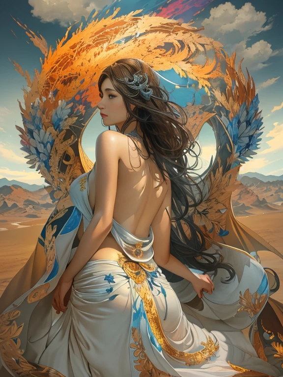 nsfw,Create Eden Moll with Full Body Photos of the World's Most Beautiful Artwork, Burning in the desert、Beautiful, curvaceous woman in Complex outfit, Rainbow colors, Art Station, society, Complex, High detail, Clear focus, dramatic, Trends in Realistic Painting by Greg Rutkowski  