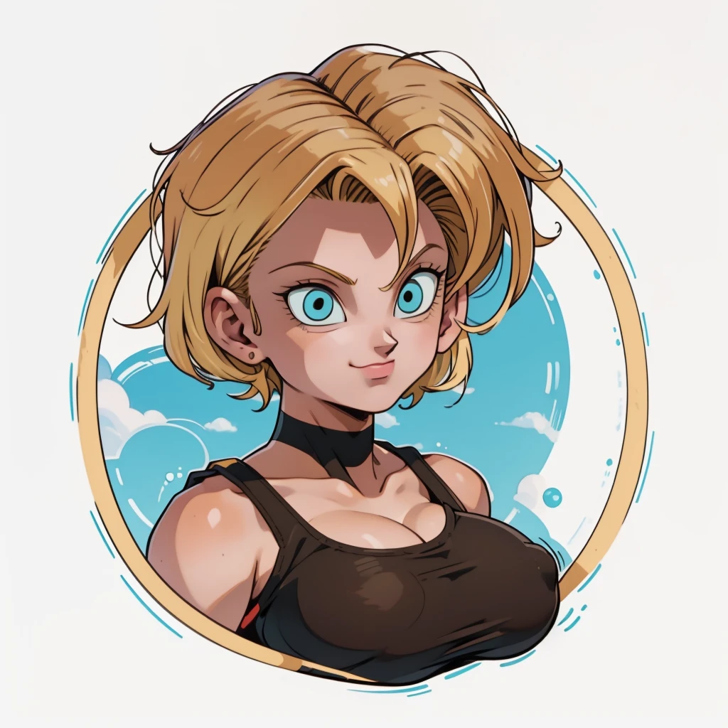 ((1 chica,  android18_DBZ, 1 chica, Fondo blanco, pelo rubio)), Parte superior del cuerpo, anatómicamente correcto, cabello corto, chibi, fondo sencillo, sonrisa, escote, mirando al espectador