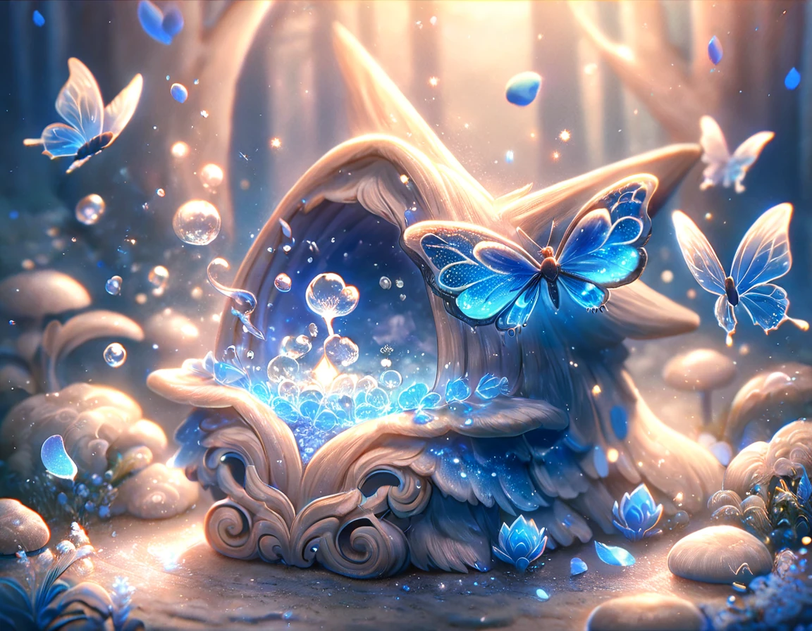 absurdres, highres, ultra detailed, HDR, master piece, best quality, extremely detailed, cute blue mushroom with face, cute, small, solo, magical, fantasy, magic, blue forest, glittering, blue butterflies, blue petals, blue flowers
