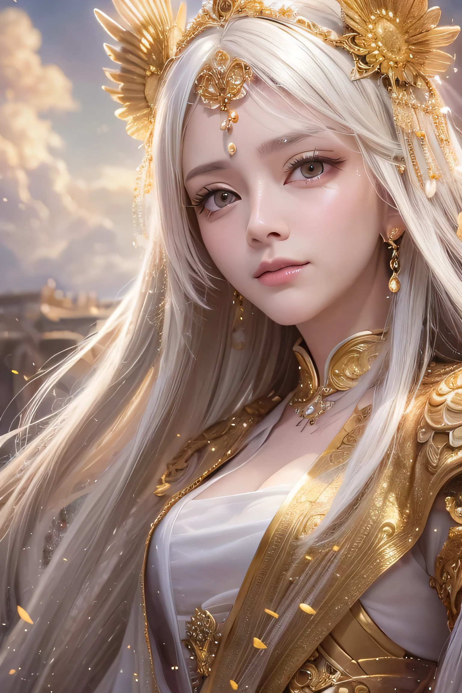 (wide original photo), 8k quality, UHD, HDR10, super sharp, detailed and clear image (beautiful Chinese girl) (very detailed face)(extremely detailed, eye biology detects bright 1.2) (bioluminescent skin, lustrous skin texture) (graceful posing) (manipulation of sunlight) (Goddess of the sun) (gilded palace in the clouds 1.3) (sunlight sky) (light crystal), optical, dynamic light, artstation, poster, volumetric light, (fantasy art 1.2).