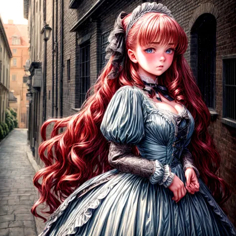 (a closeup of a beautiful 15 year old girl on an 18th century street in a vintage dress), (anime girl), (serious:0.5), (very det...