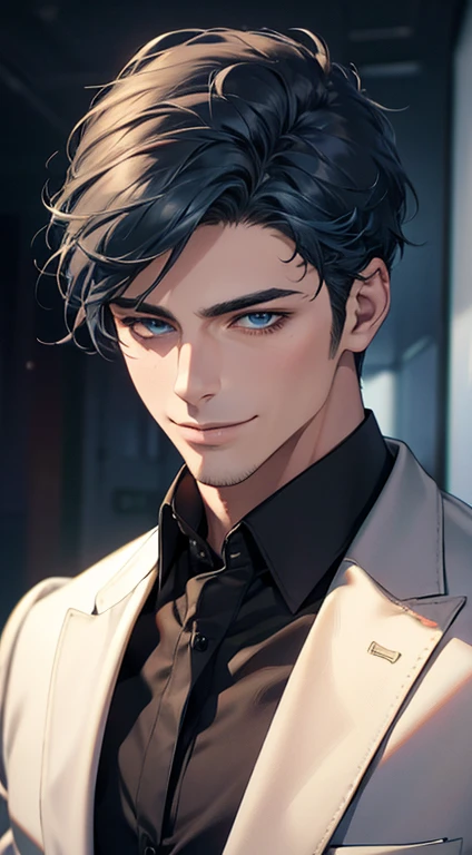 (best quality,4k,8k,highres,masterpiece:1.2),ultra-detailed,(realistic,photorealistic,photo-realistic:1.37),1 man,3,mature man,very handsome,without expression,smile,short blue hair,blue eyes,penetrating gaze,perfect face without errors,imposing posture,businessman,office background,cinematic lighting,hdr image