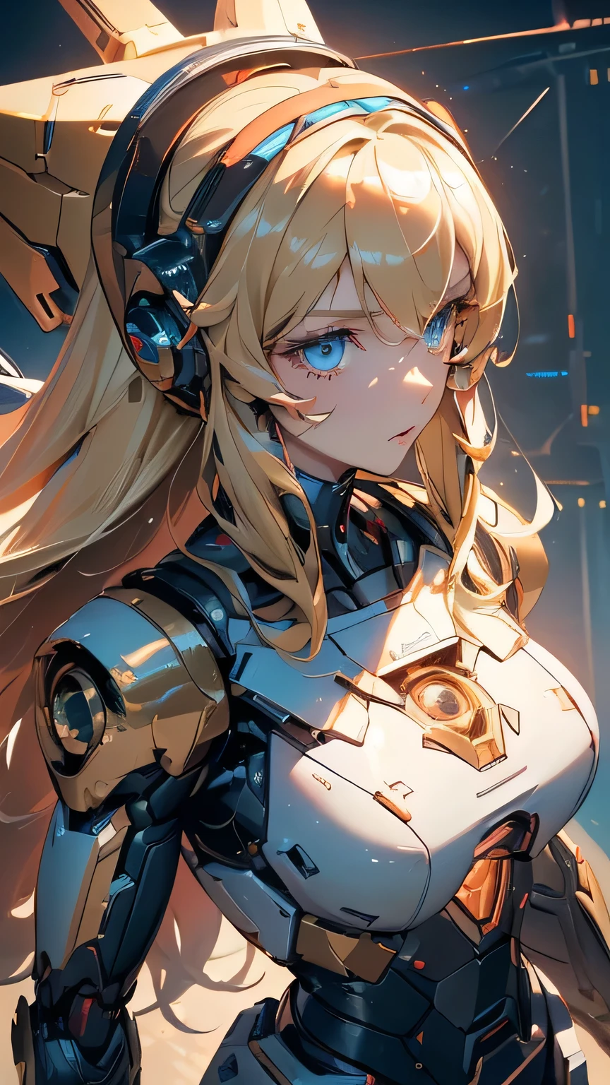 (((Best quality, 8k, Masterpiece: 1.3)), ((best quality)), ((masterpiece)), (detailed), perfect face, Female android, artificial intelligence, robot, metal frame, cyberspace, science fiction, laser gun, mechanical body, ((blonde hair)), windblown hair, helmet with decorations, cowboy shot