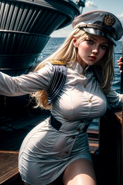 A russian blonde woman wearing a white naval officer's uniform and a matching cap. White outfit. She is leaning forward with an ...