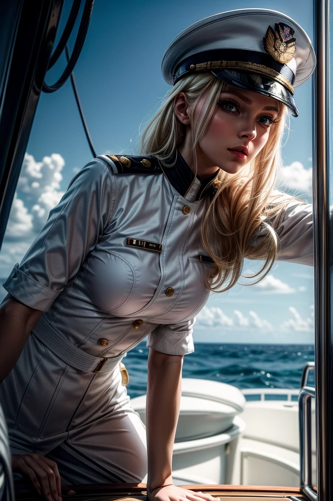 امرأة شقراء روسية ترتدي زي ضابط البحرية الأبيض وقبعة مطابقة. الزي الأبيض. إنها تميل إلى الأمام بذراع ممدودة. إنها تميل إلى الأمام بذراع ممدودة, في سطح السفينة. خلفية المحيط. الثدي المستدير. احمر خدود, كحل أسود