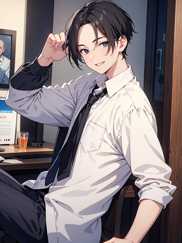 Forehead, Very short hair, A kind smile, One Man, Portrait from chest up, Very short black hair, Old man in clothes, Please open your eyes a little, Male hand,Man&#39;s face,Male eyebrows, Male Eyes, Sharp Nose ,Long Nose, Slicked back hairstyle, Black butler uniform, Iris, walking , A kind smile, Reminiscent of a novel cover, Dramatic lighting, Emphasize the contrast between light and shadow, (Official Art, Highest quality、unity 8k wallpaper、32k、masterpiece、Very detailed, grab your hair with your hands, Cinema Lighting, Isekai Tensei, anime,Beautiful light shining through the window, sense of cleanliness,