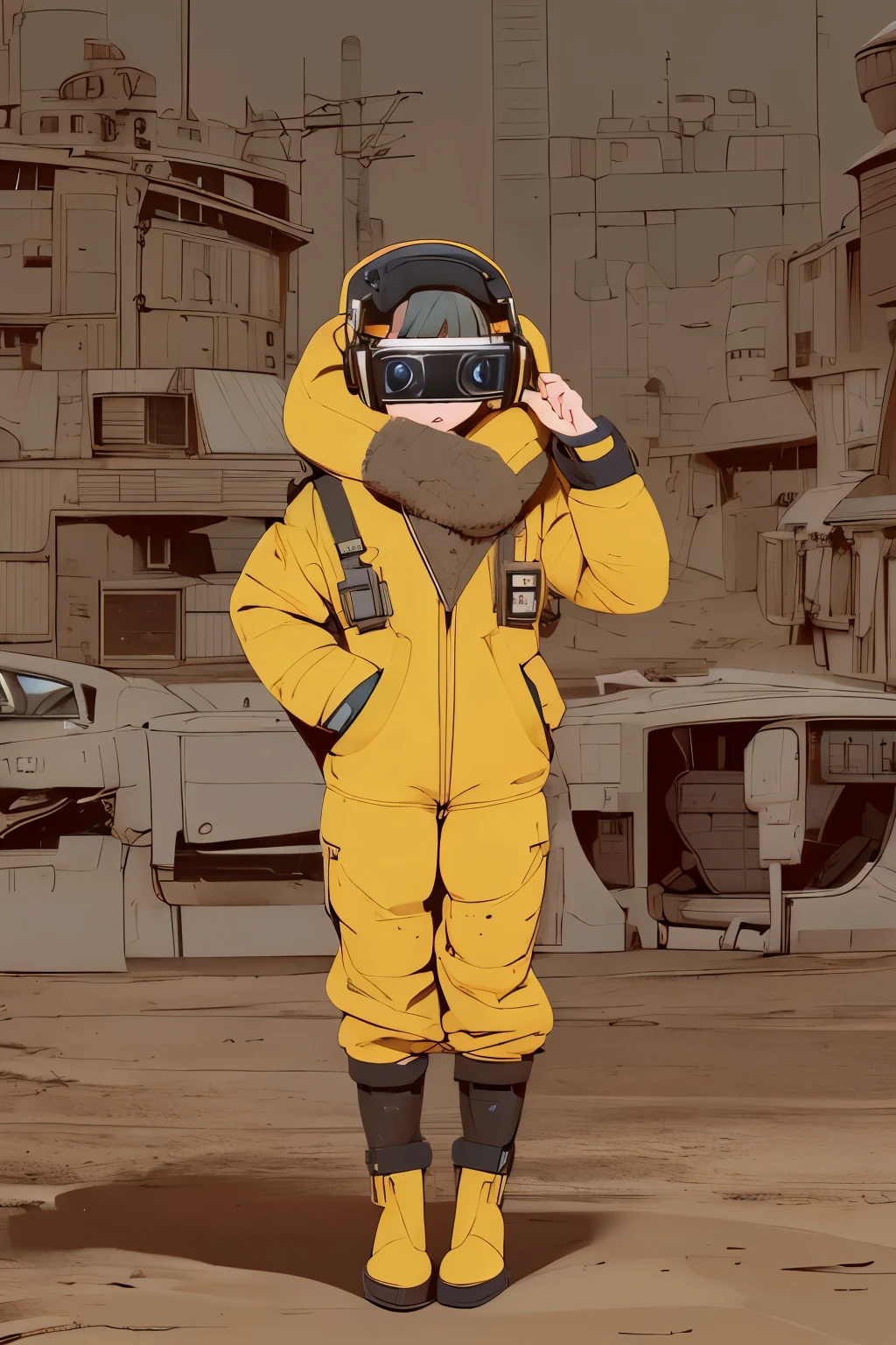 full body image, (ultra detailed,ultra high res,detailed background),((2D)),((flat color)),((muted color)), 1solo, looking at viewer, baggy flight suit, large shearling collared bomber jacket, (big yellow galoshes), plush collar, full body image, wearing vr goggles, ((baron desert intricut background)), ((apocalyptic city)), entire body in frame, ((drone next to her))